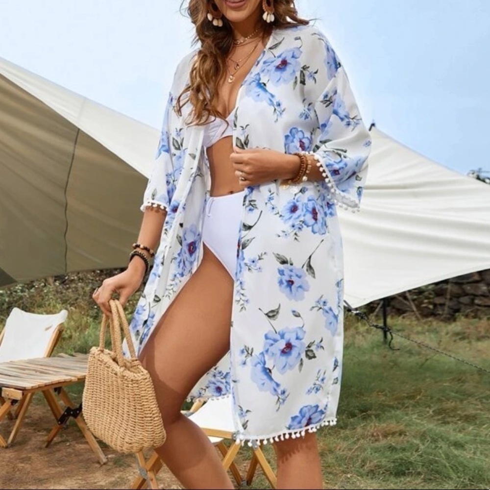Breeze Bohemian Floral Kimono Open Front Summer Duster Swimsuit Bikini Coverup